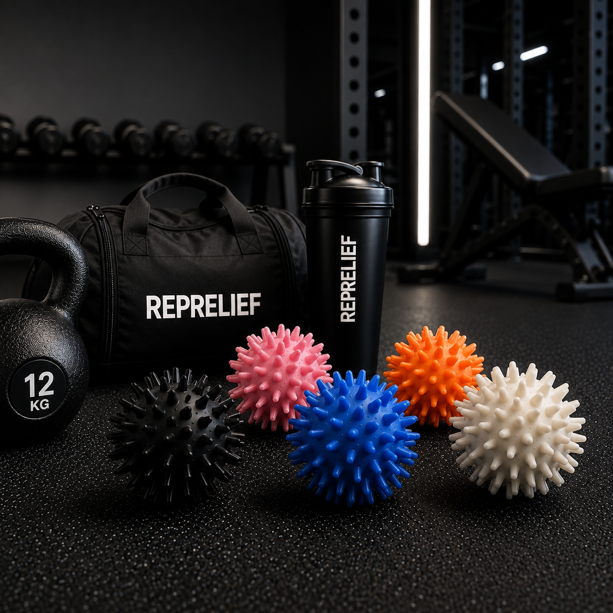 Spikey massage balls in different colors with carrying bag